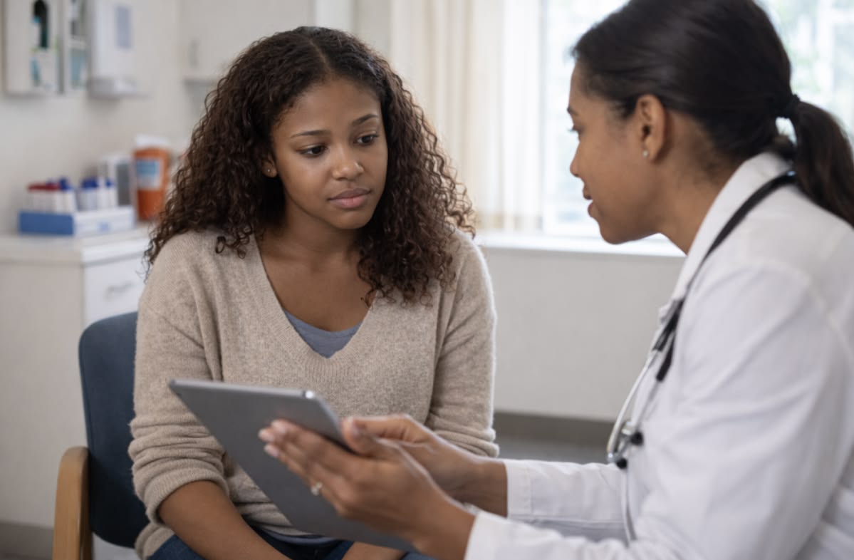 worried woman in a medical consult